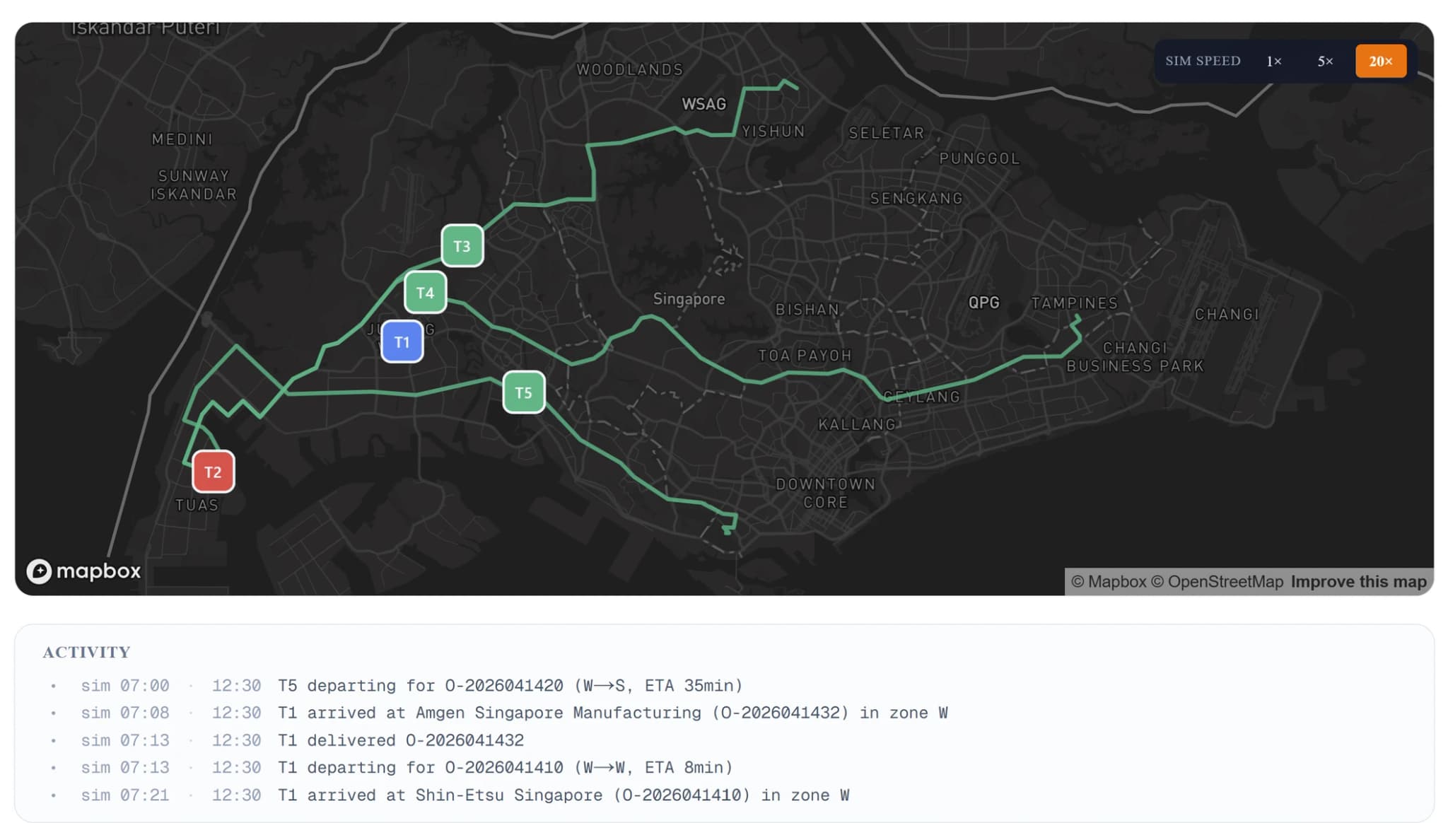 Live map of trucks mid-route across Singapore with an activity feed of the day running