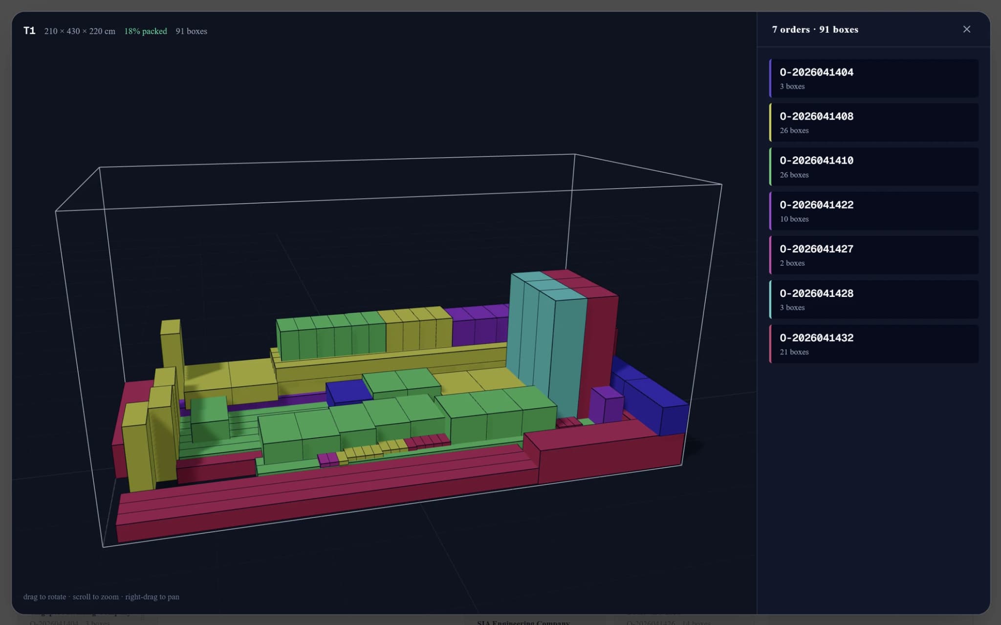 Truck load shown in a 3D view, every box at its planned position, with the order list beside it