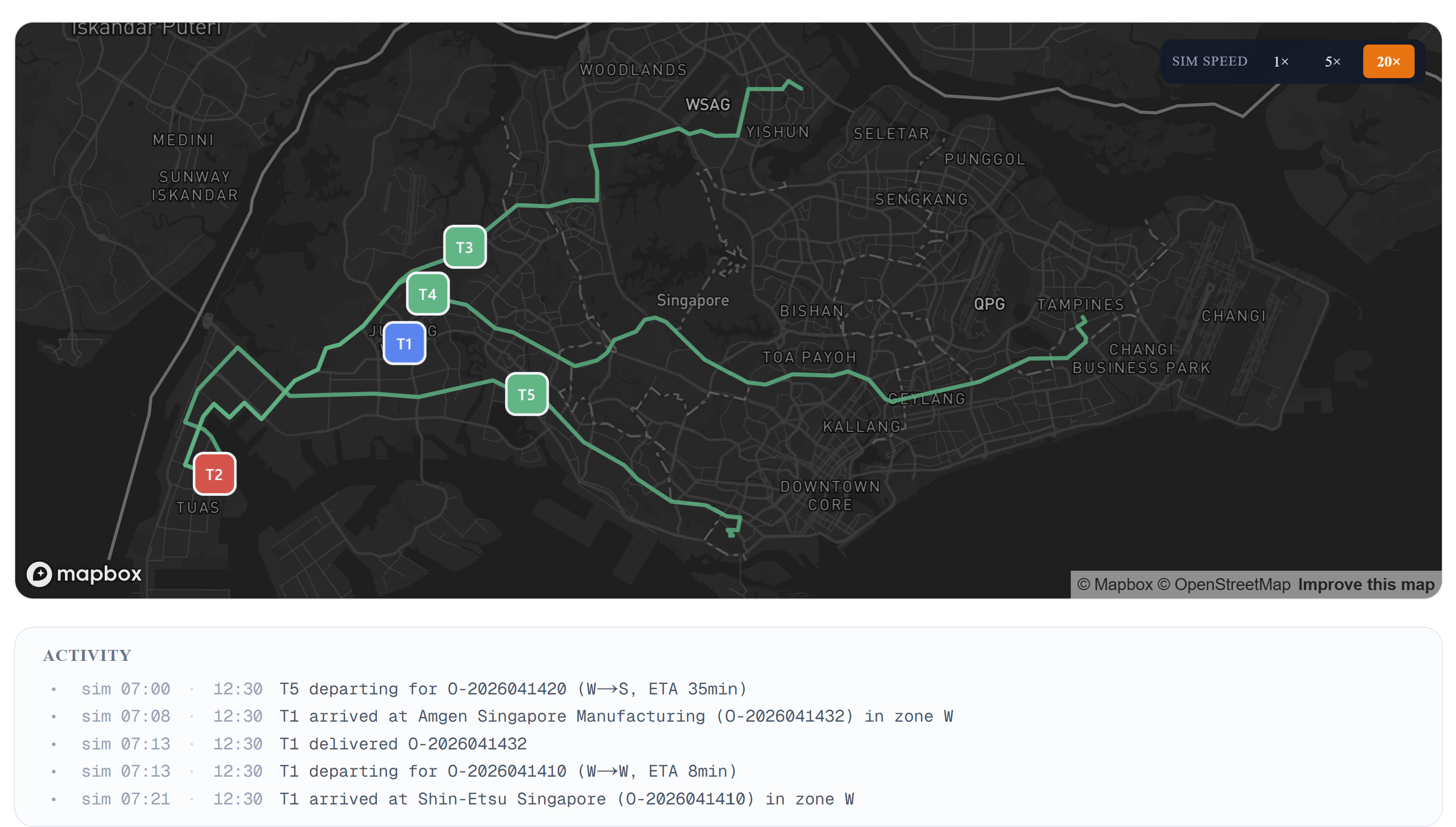 Live map of trucks mid-route across Singapore with an activity feed of the day running